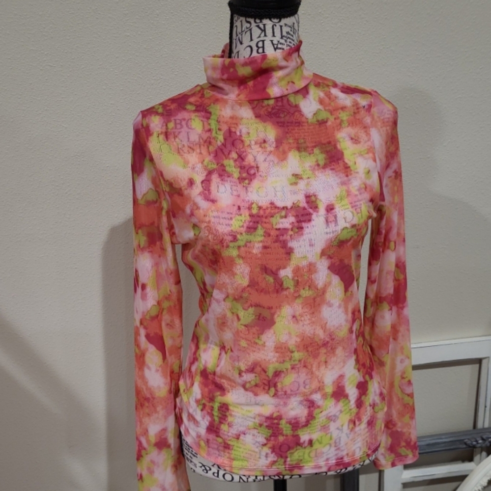 Anthropologie Women's SZ Sm. PINK‎ multi mesh Top mock neck long sleeve